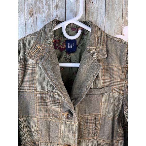 Gap Women's Jacket Size 8 Green Brown Herringbone Patchwork Plaid Floral Lining - Picture 4 of 10